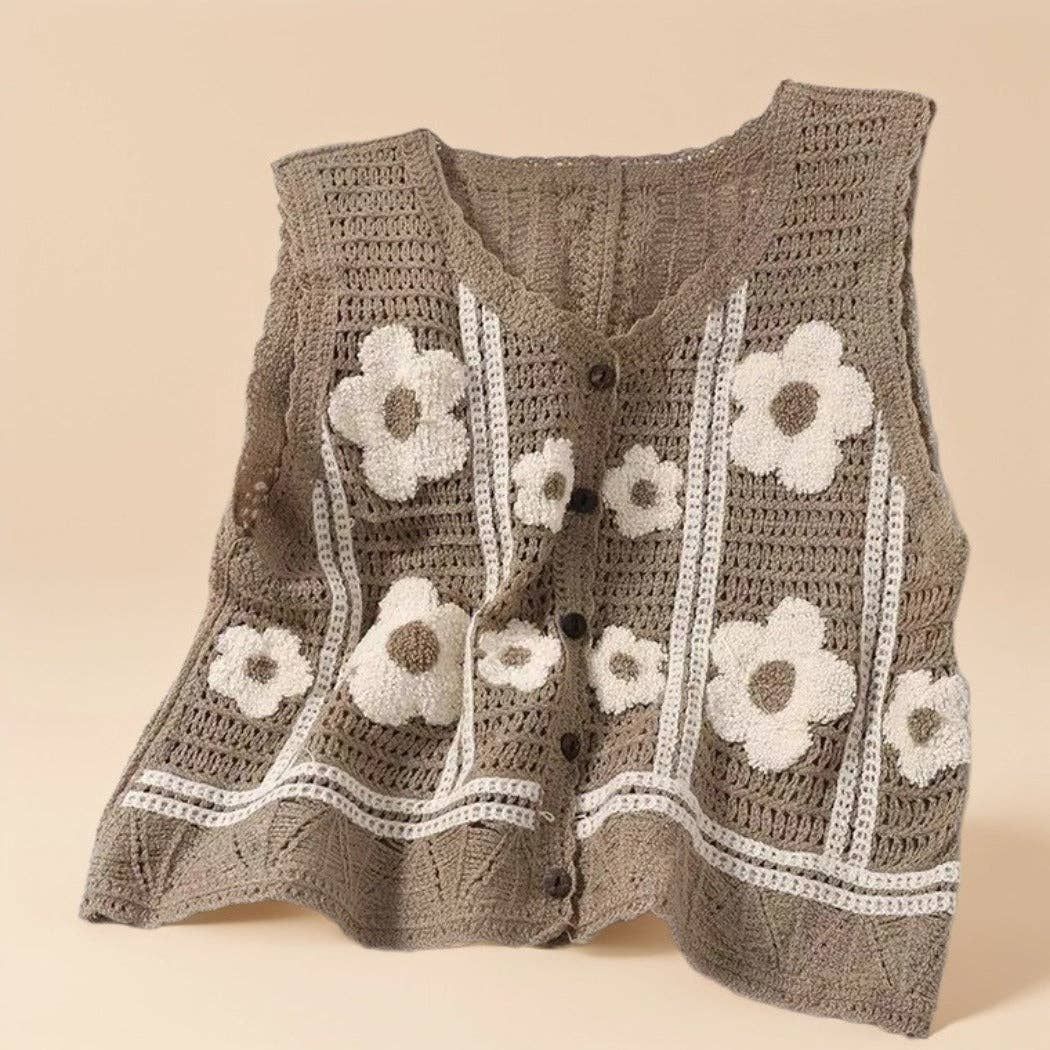 Crosa - Floral Crochet Knit Vest – Airy Summer Cover-Up: Khaki / One Size