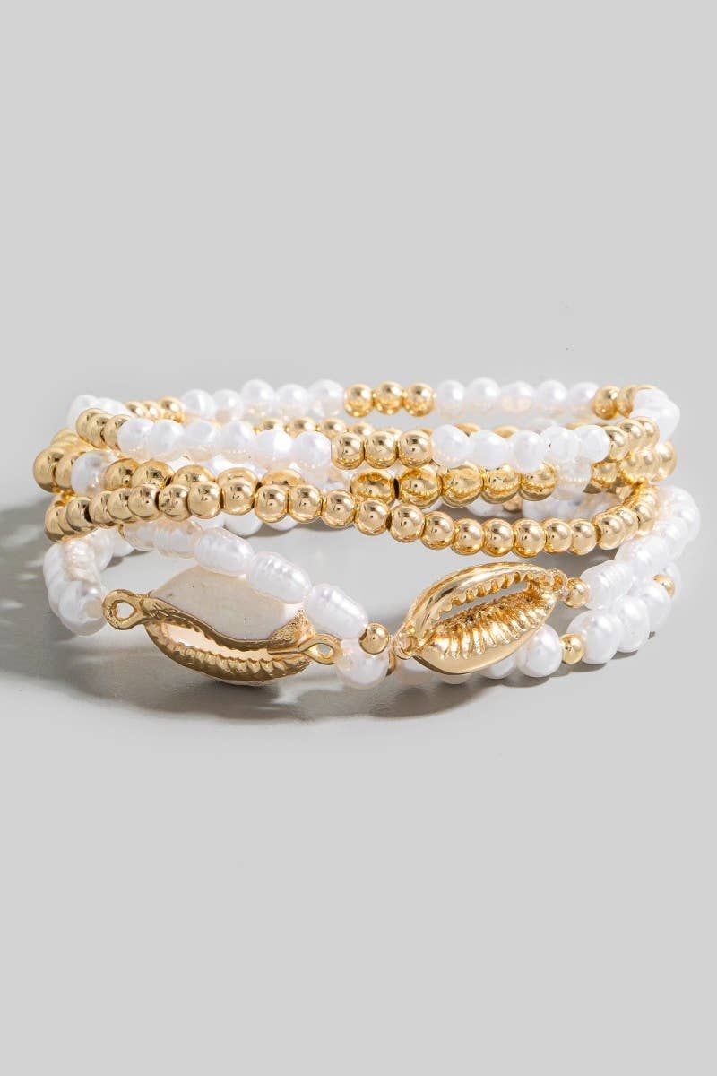 Puka Shell Charm Pearl And Metallic Beaded Bracelet Set: GD