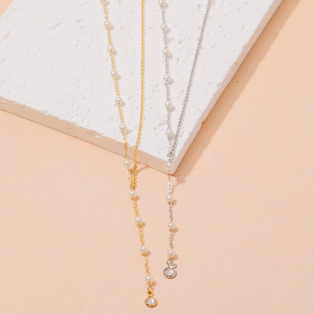 Dainty Chain Pearl Bead Lariat Necklace: Gold