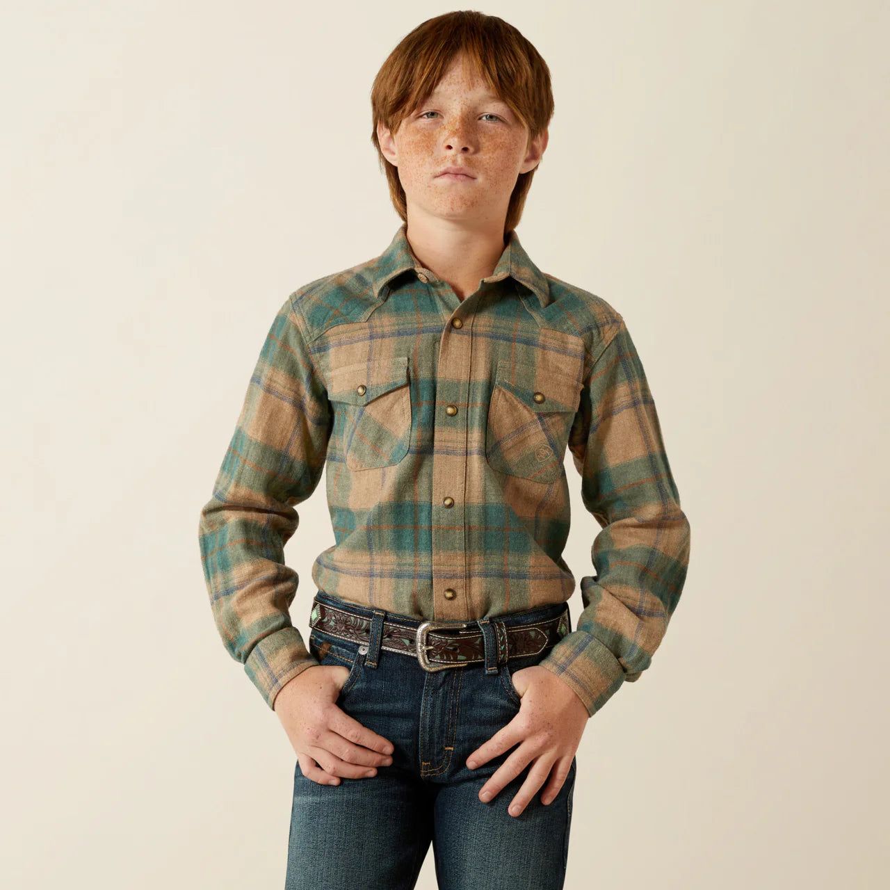 Ariat Boy's Huxlee Deep Teal Plaid Retro Pearl Snap Long Sleeve Western Shirt