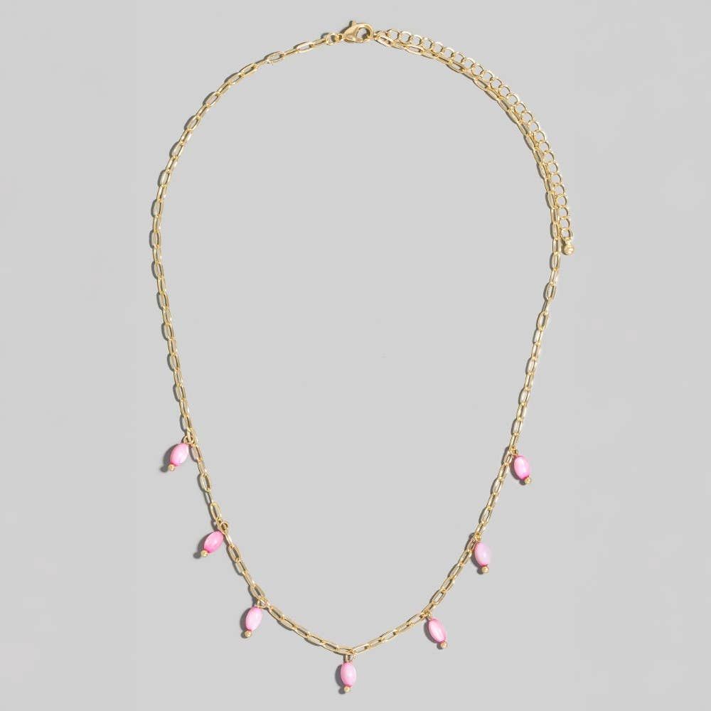 Oval Glass Beads Station Chain Necklace: Pink