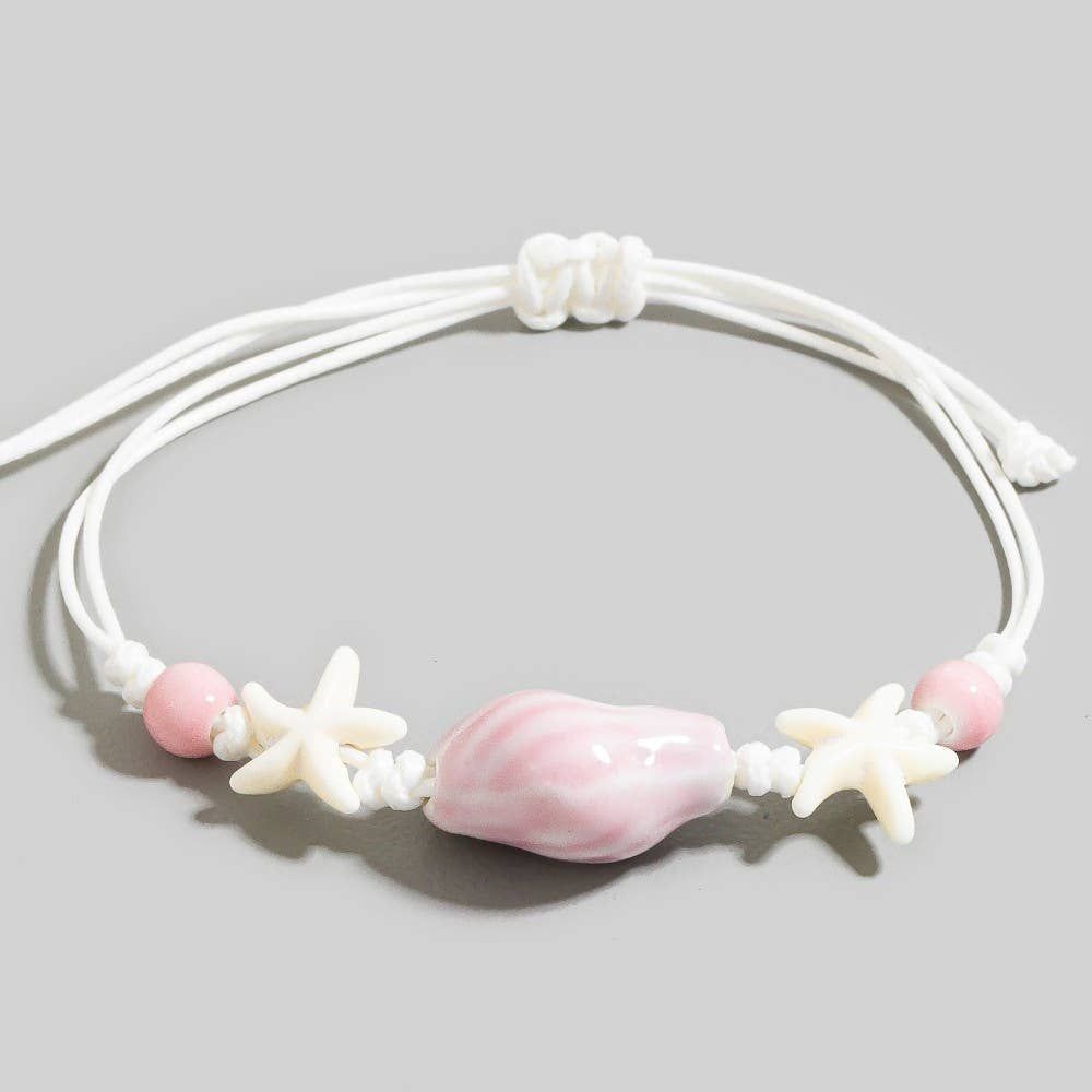 Ceramic Conch And Starfish Beads Adjustable Cord Bracelet: MPK