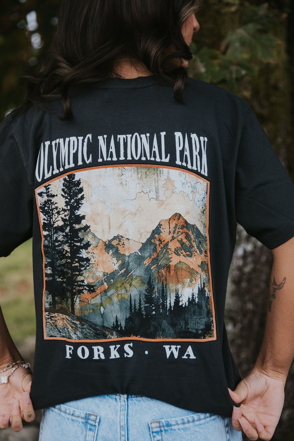 Olympic Mountain Drip Scene Short Sleeve Tee, Color: Charcoal, Size: X-Small