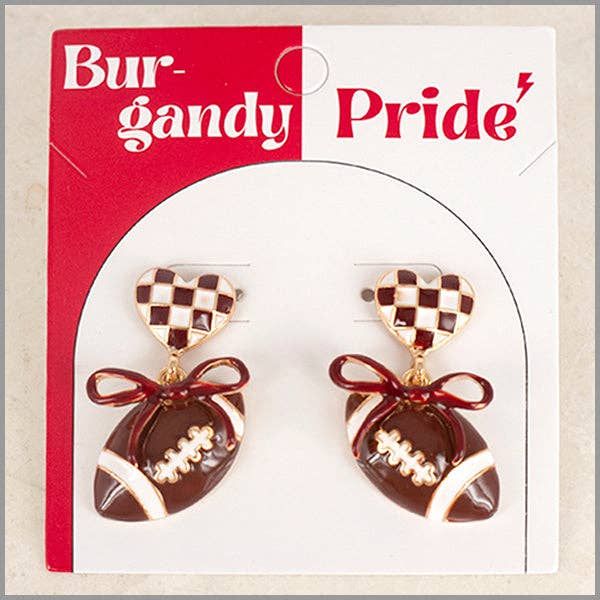 Burgandy and White Color Coated Heart with Bow &amp; Football Gameday Stud 1.5" Earring
