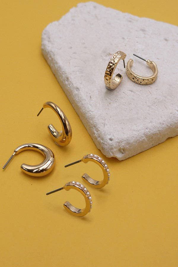PEARL MINI HOOP TRIO SET EARRINGS | 80E1428: GOLD