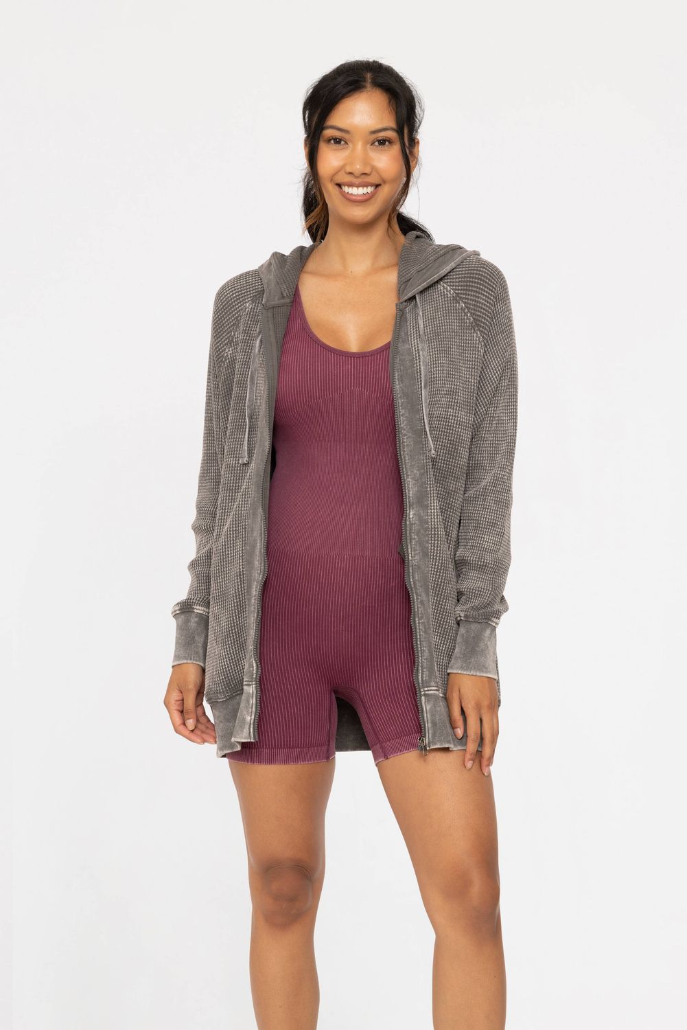 Oversized Mineral-Washed Zip-Up Hooded Jacket: URBAN CHIC