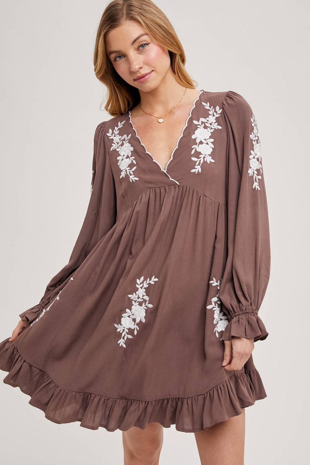 EMBROIDERED V-NECK RUFFLED DRESS: COCO