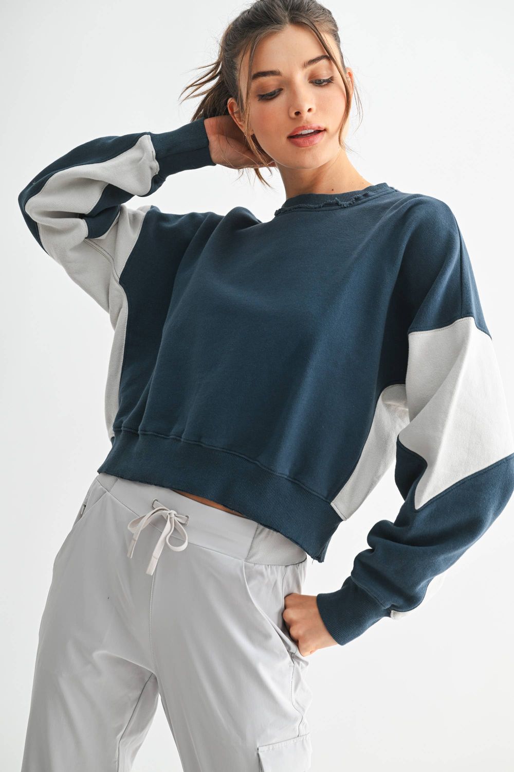 Vintage Vibes Color Block Sweatshirt: MIDNIGHT/PALEGREY