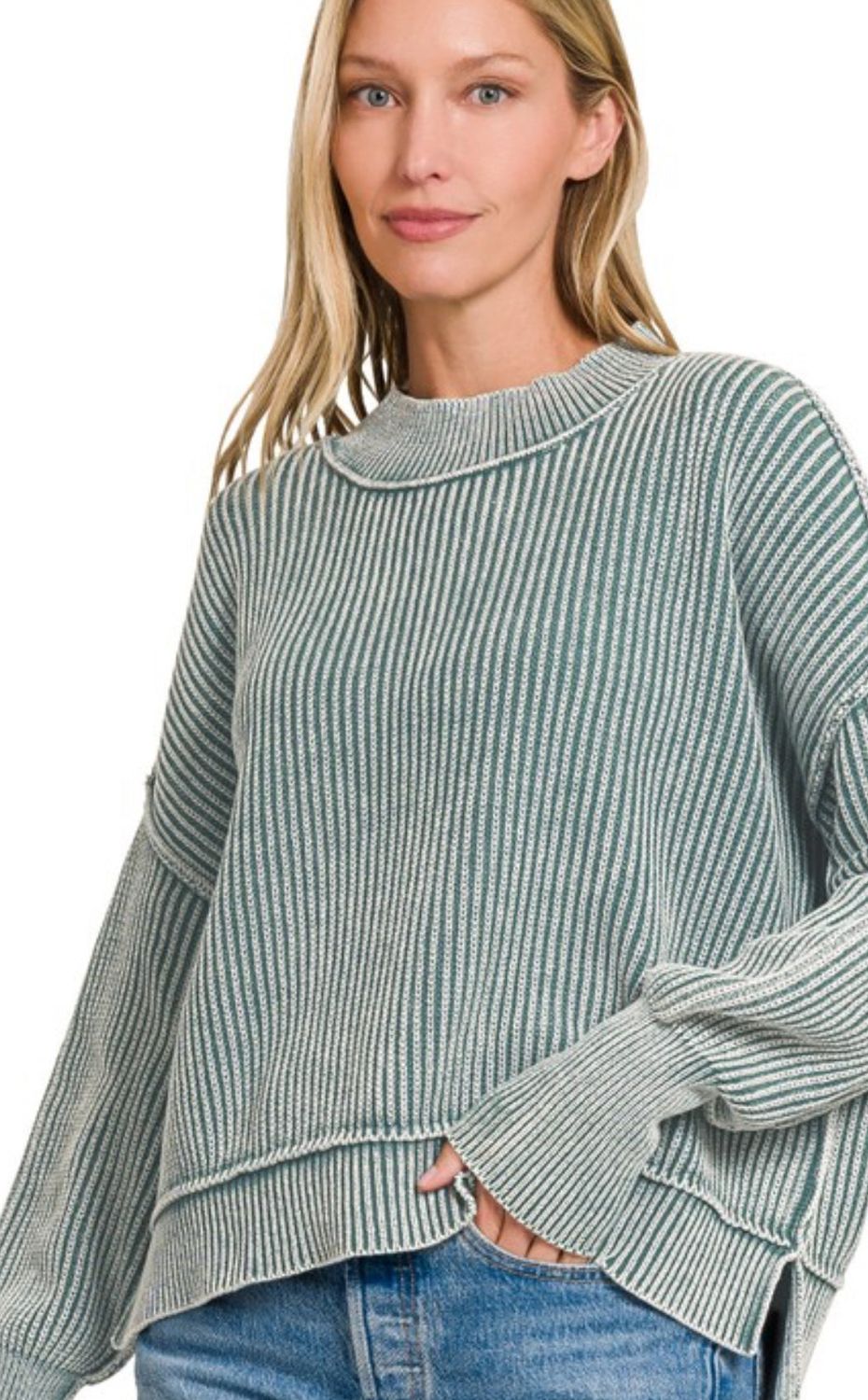 Washed Side Slit Oversized Cropped Sweater Ash Jade