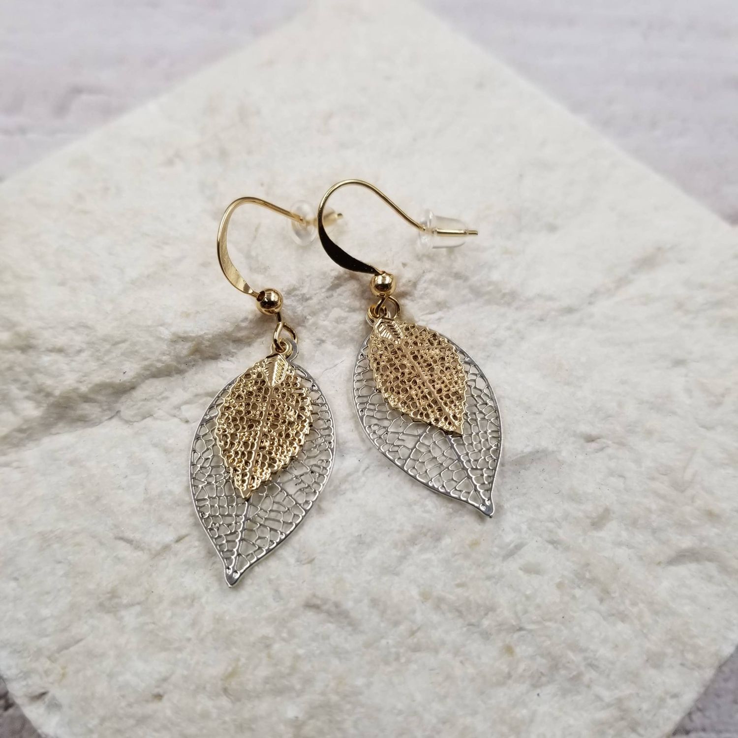Gold&amp;Silver Hollow Leaf Earrings