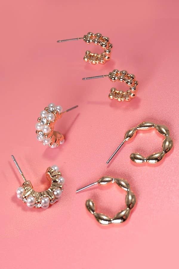 TRIO PEARL LINK BEAN HUGGIE HOOP EARRINGS SET OF 3 | GOLD