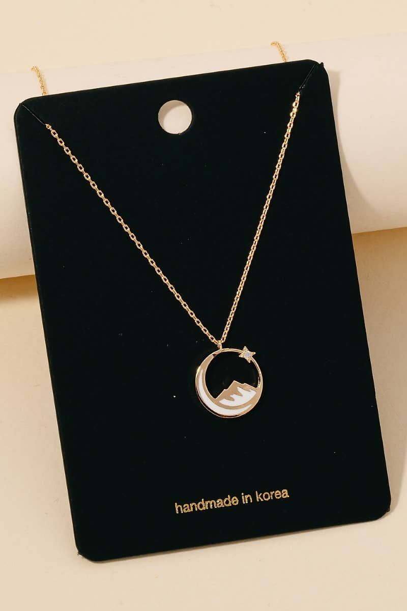 Enamel Moon Mountain And Cz Star Pendant Necklace: White