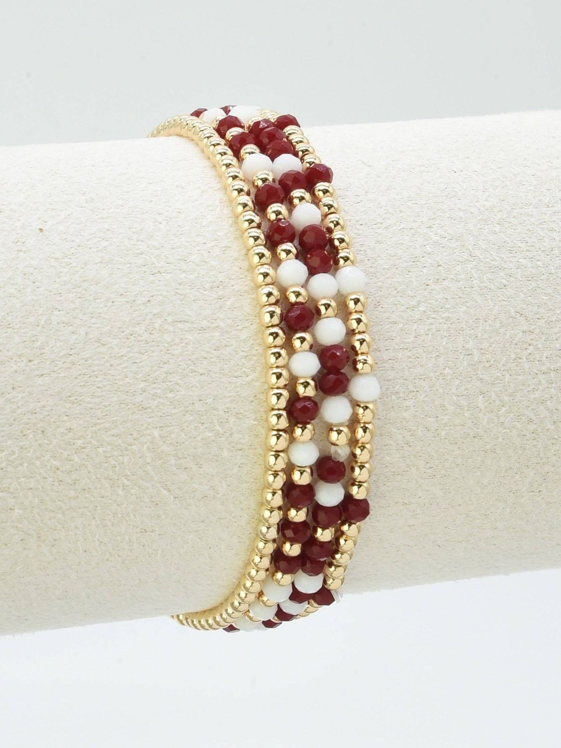 Set of 4 Maroon and White Glass Bead and Gold Stretch Bracelets, Great for Gameday!