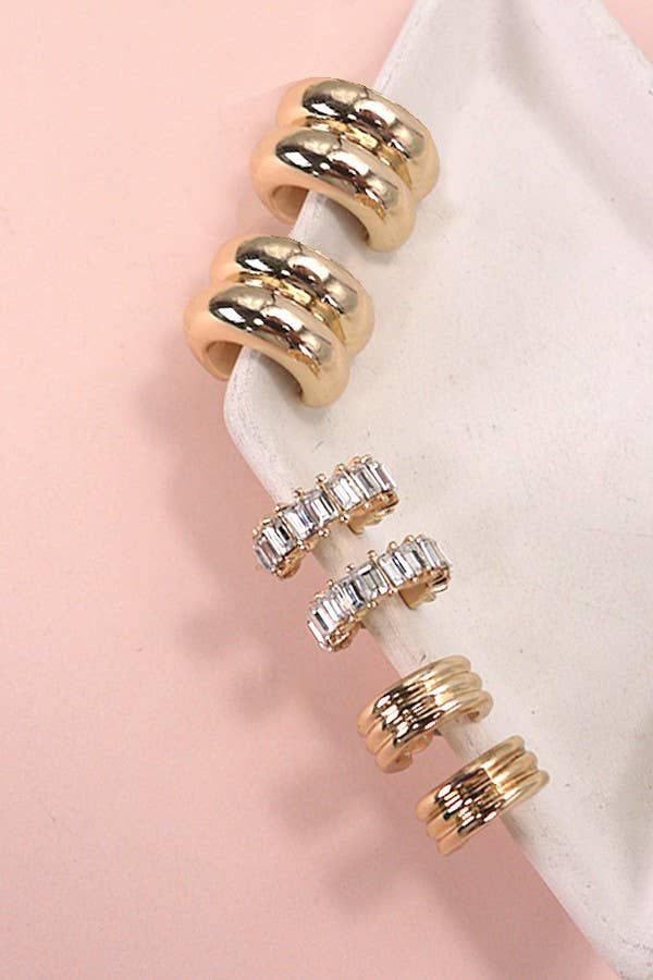 BAGUETTE STONE DOUBLE HOOP HUGGIE TRIO EARRINGS | Gold
