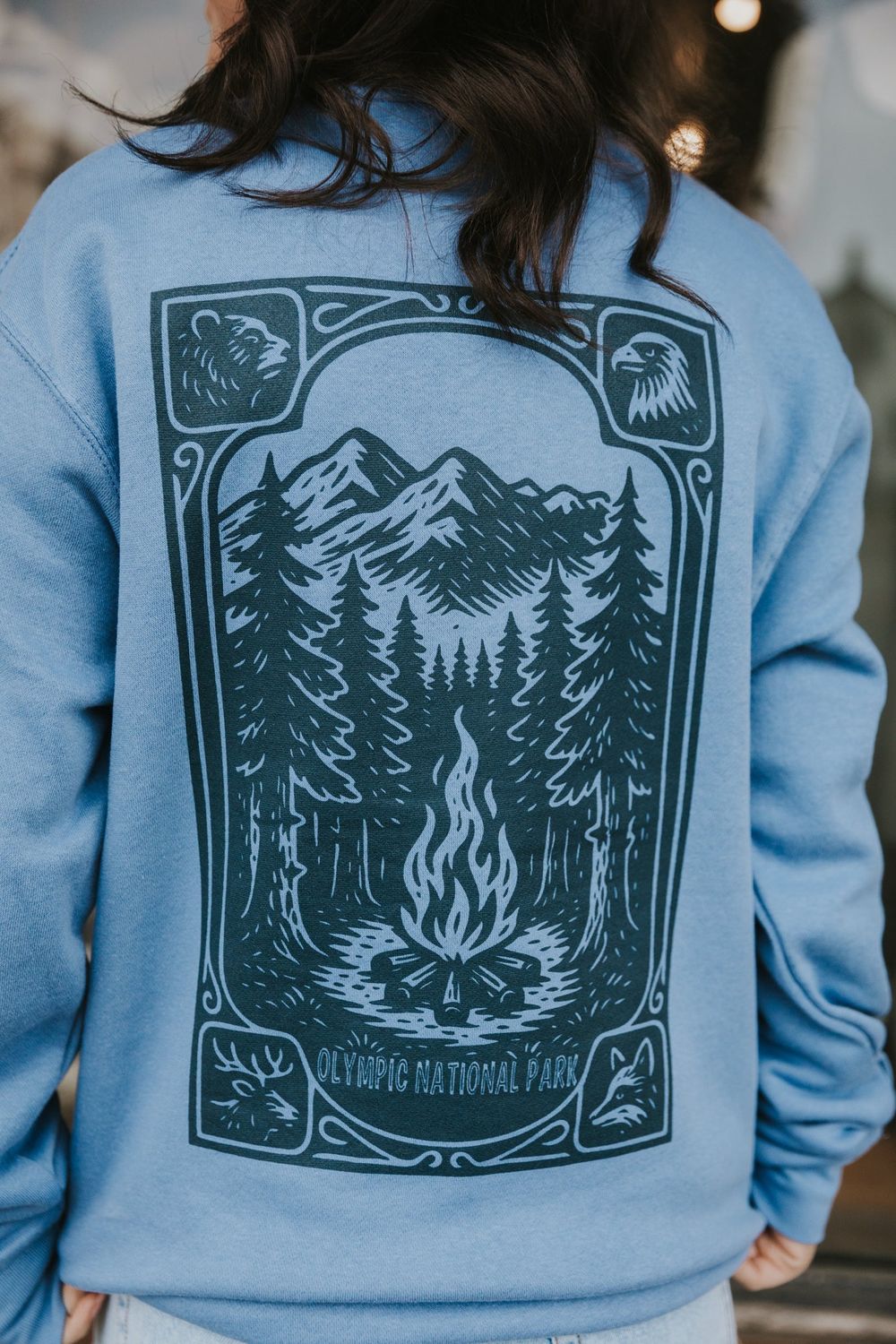 Olympic Camping Mountain View Crewneck Sweater, Color: Denim, Size: X-Small