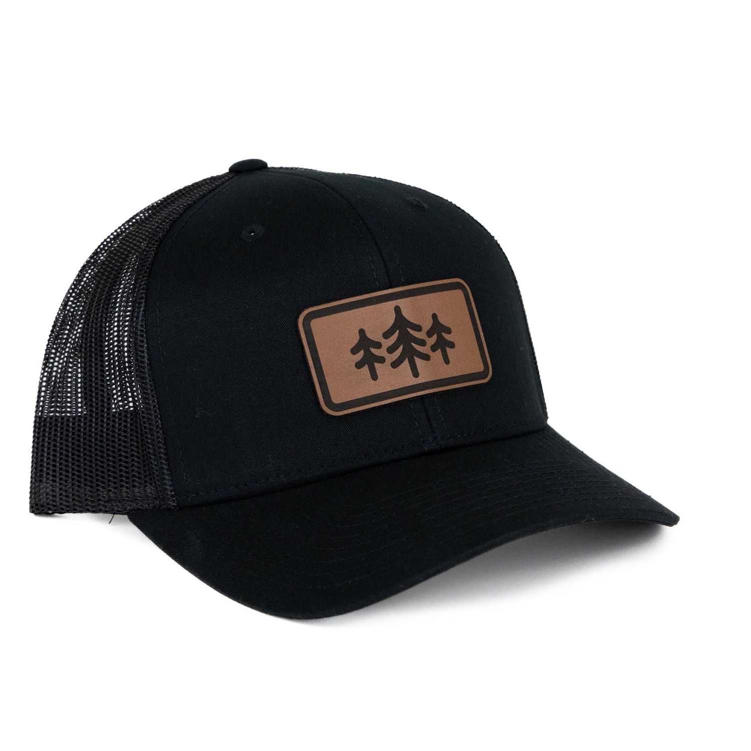 TriPine Leather Patch Trucker Hat: Black/ Black