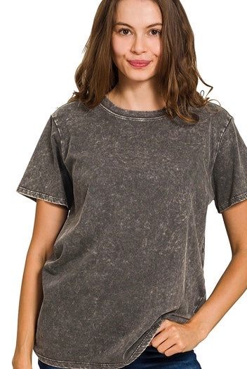 Acid Washed Short Sleeve Tee, Color: Ash Black, Size: Small