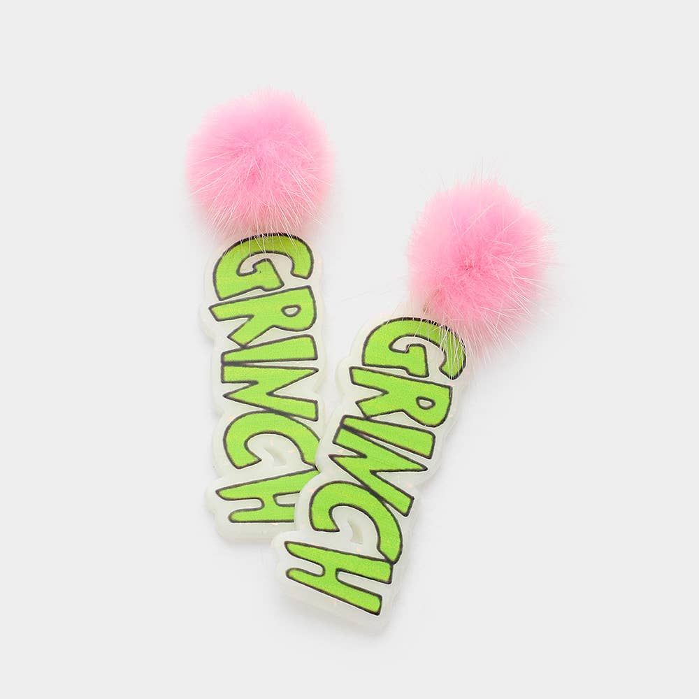Pom Pom Resin Grinch Message Drop Dangle Earrings: Multi