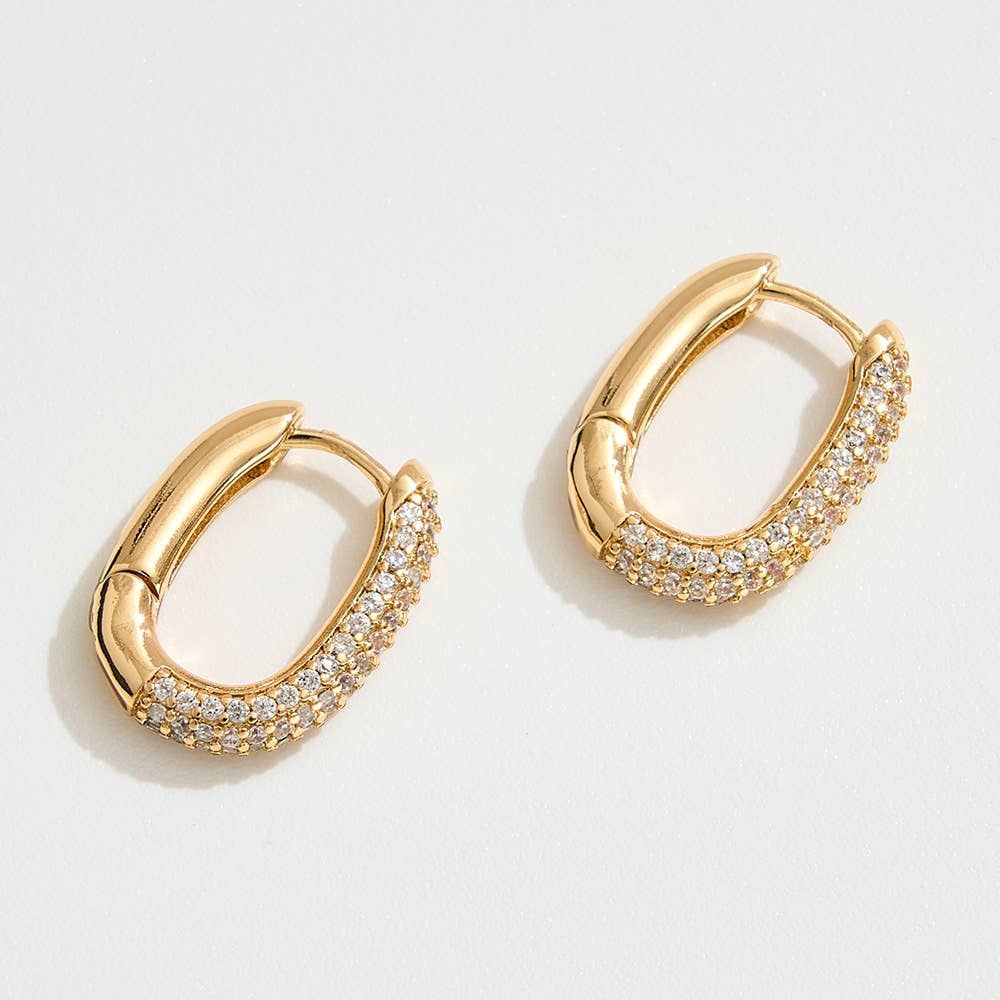 14K Gold Dipped CZ Stone Paved Oval Huggie Hoop Earrings: Gold