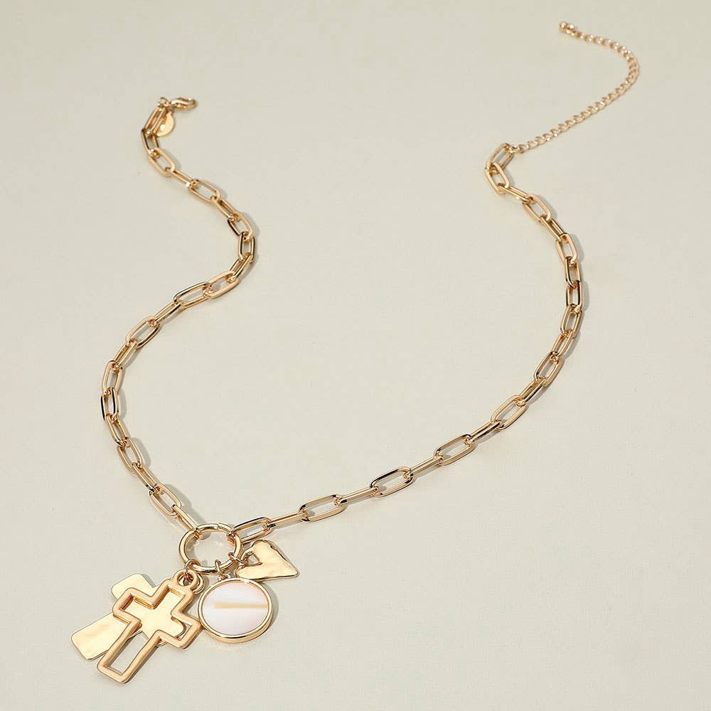 Cross Heart Mother of Pearl Disc Charm Pendant Paperclip Chain Necklace: Gold,Mother of Pearl