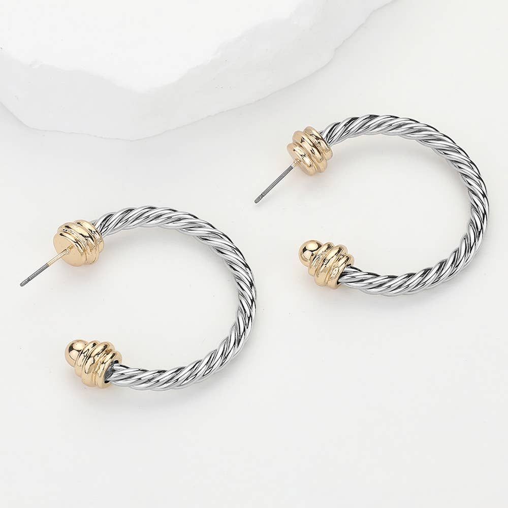 Two Tone Metal Rope Hoop Earrings: Silver Gold