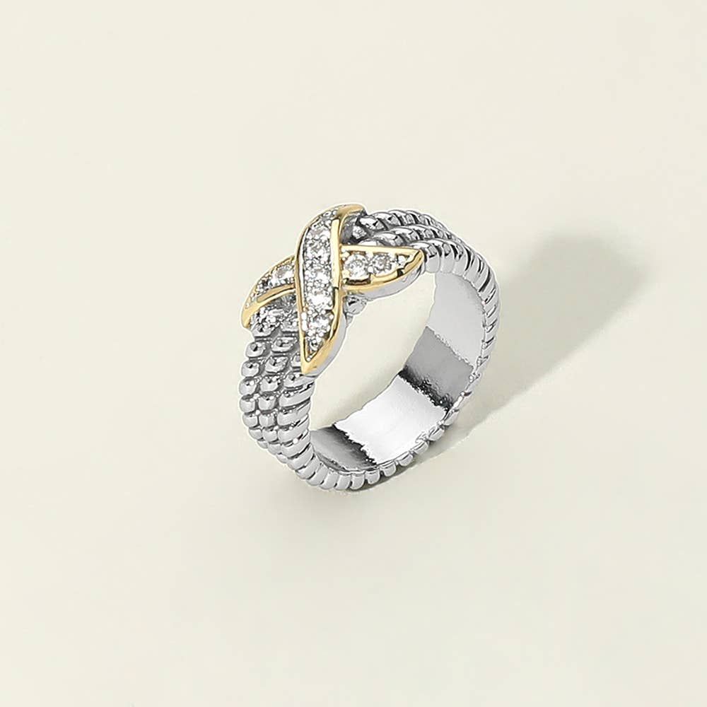 Two Tone CZ Stone Paved Crisscross Accent Textured Ring: 6