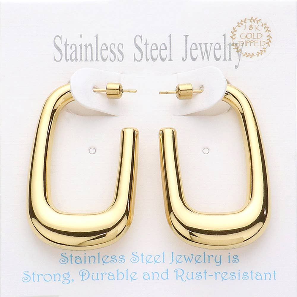 18K Gold Dipped Stainless Steel Rectangle Hoop Earrings: Gold