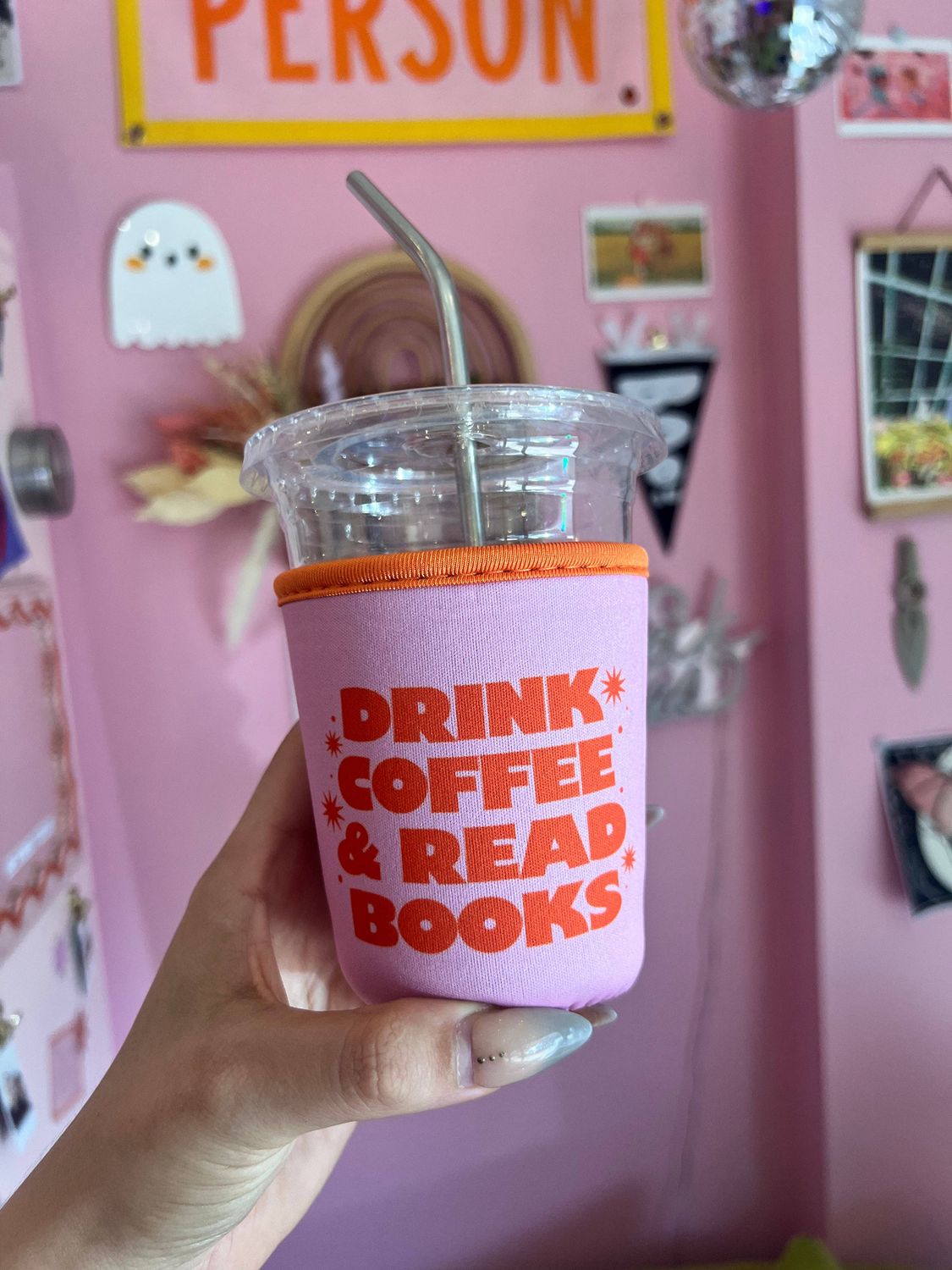 Pink Drink Coffee + Read Books Coffee Sleeve: Small (16oz/Grande)
