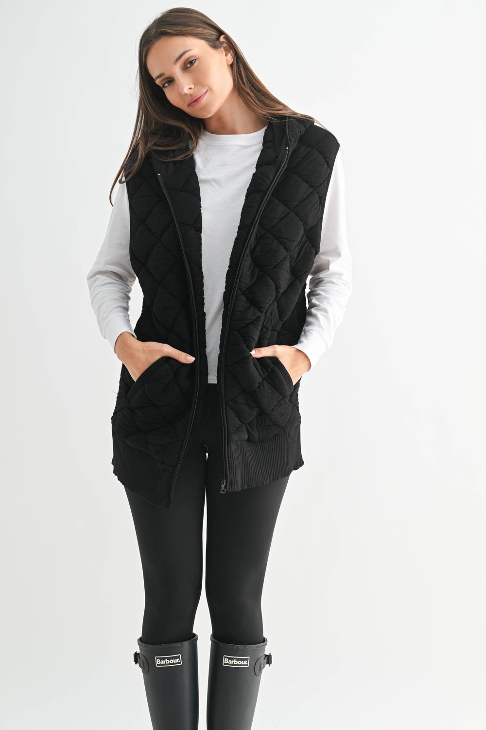 Oversized Quilted Fleece Vest with Hood: Black