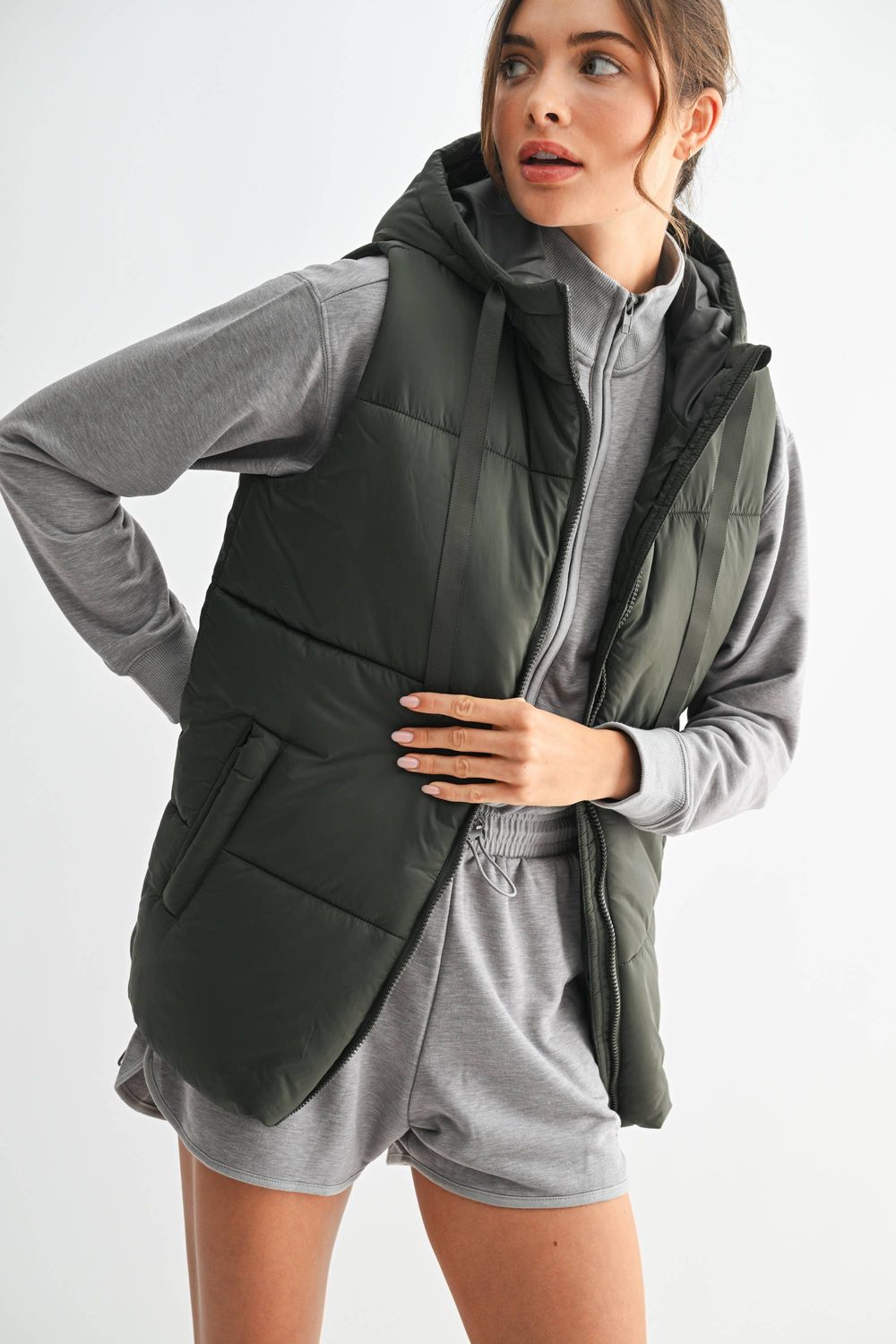 Longline High Neck Padded Vest: Olive
