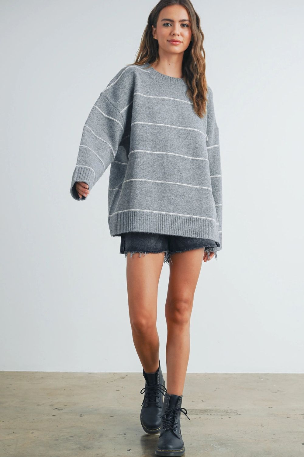 Grey Striped Drop Shoulder Sweater