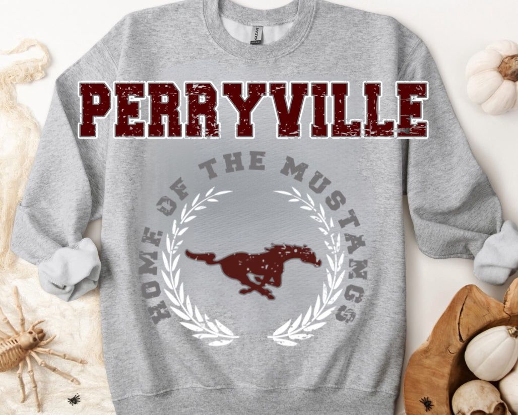 Perryville Mustangs Oversized Design Crewneck, Shirt Color: Ash Grey, Size: Small, Style: Crewneck Sweatshirt