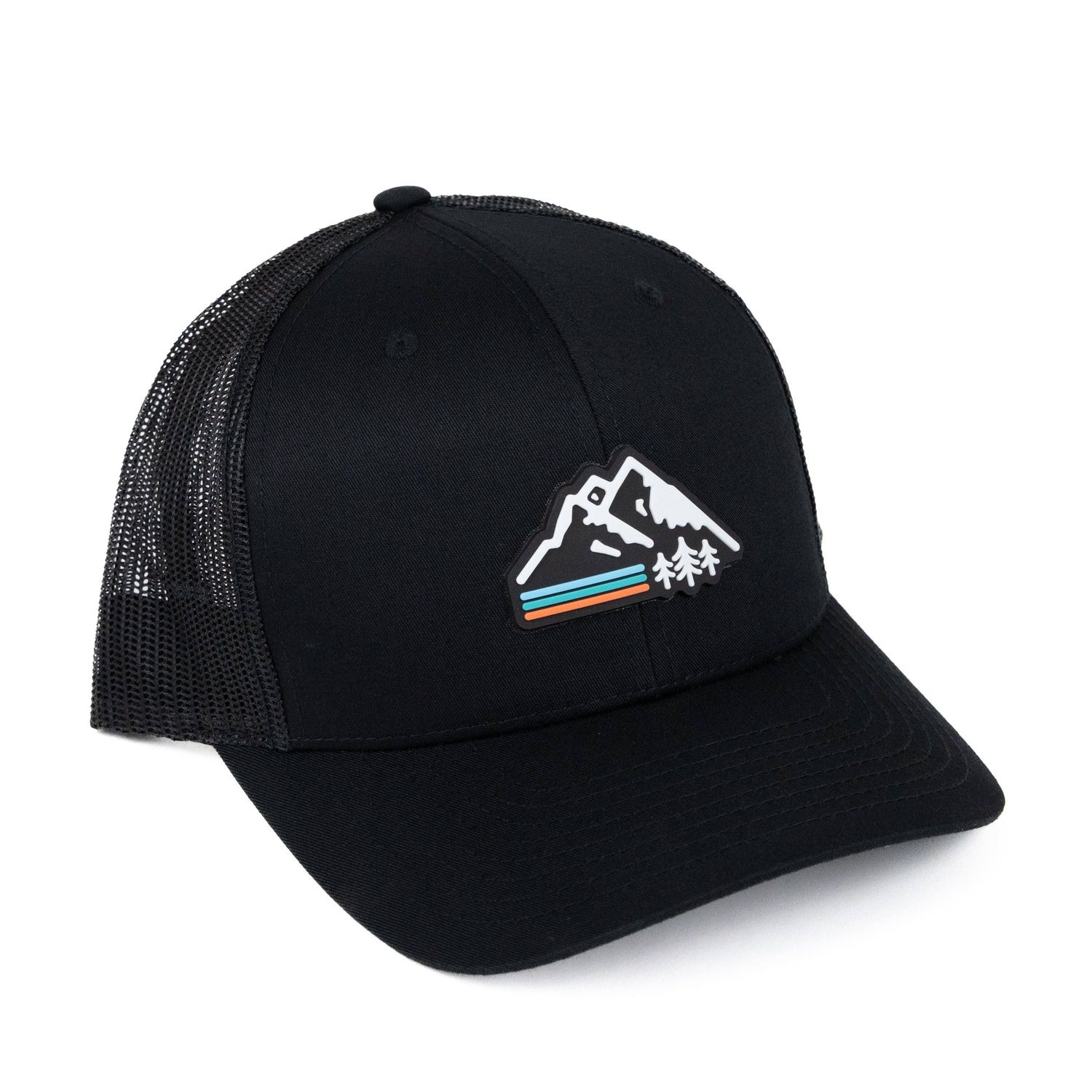 Retro Mountain Trucker Hat: Black/ Black