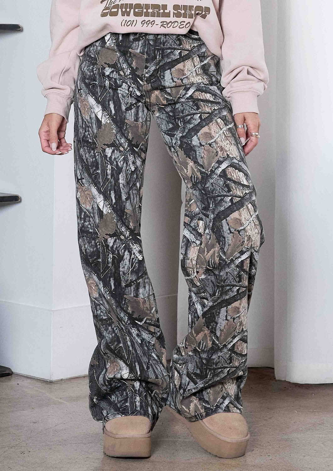 High-Rise Camo Print Wide Leg Jeans: Dark Wood