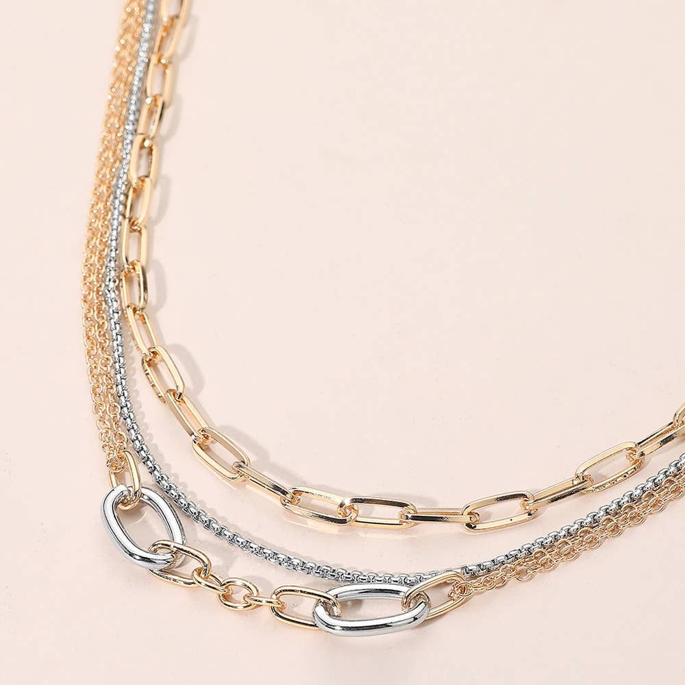 2PCS - Metal Link Paperclip Chain Layered Necklace: Gold Two Tone