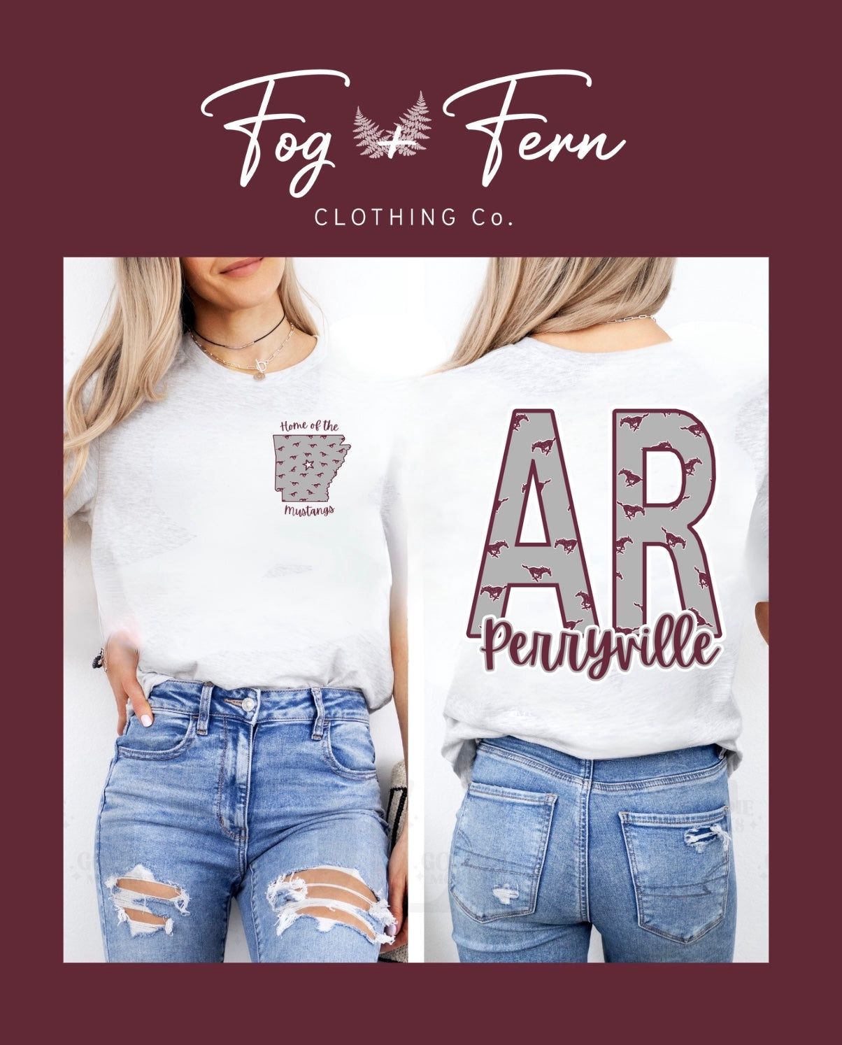 AR Perryville Home of the Mustangs Oversized Design, Shirt Color: Ash Grey, Size: Small, Style: Crewneck Sweatshirt