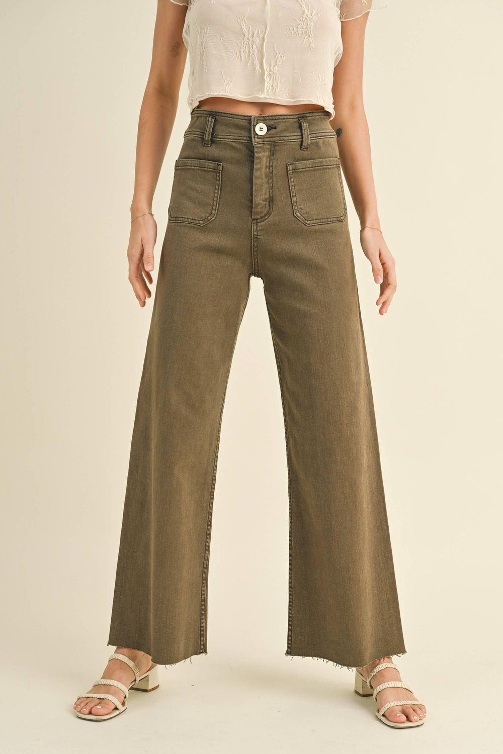 STRAIGHT WIDE LEG PANTS WITH FRONT POCKET: Washed Brown /