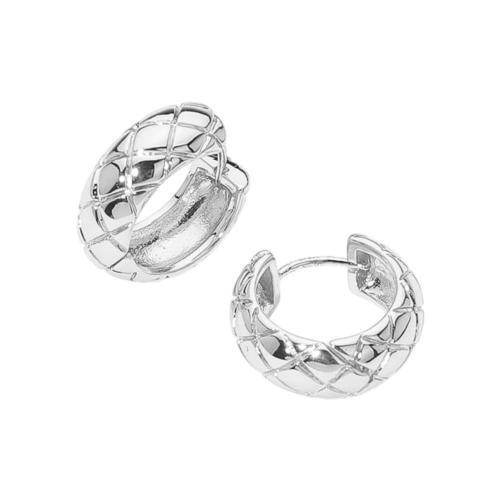 14K Gold Dipped Quilt Pattern Huggie Hoop Earrings: Silver