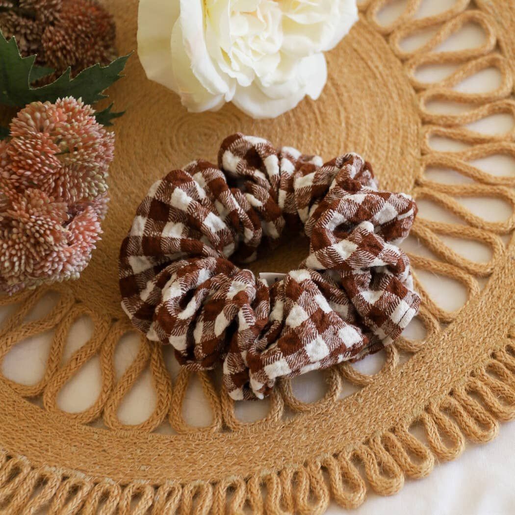 Teddy Plaid Scrunchie - Chocolate Brown Color