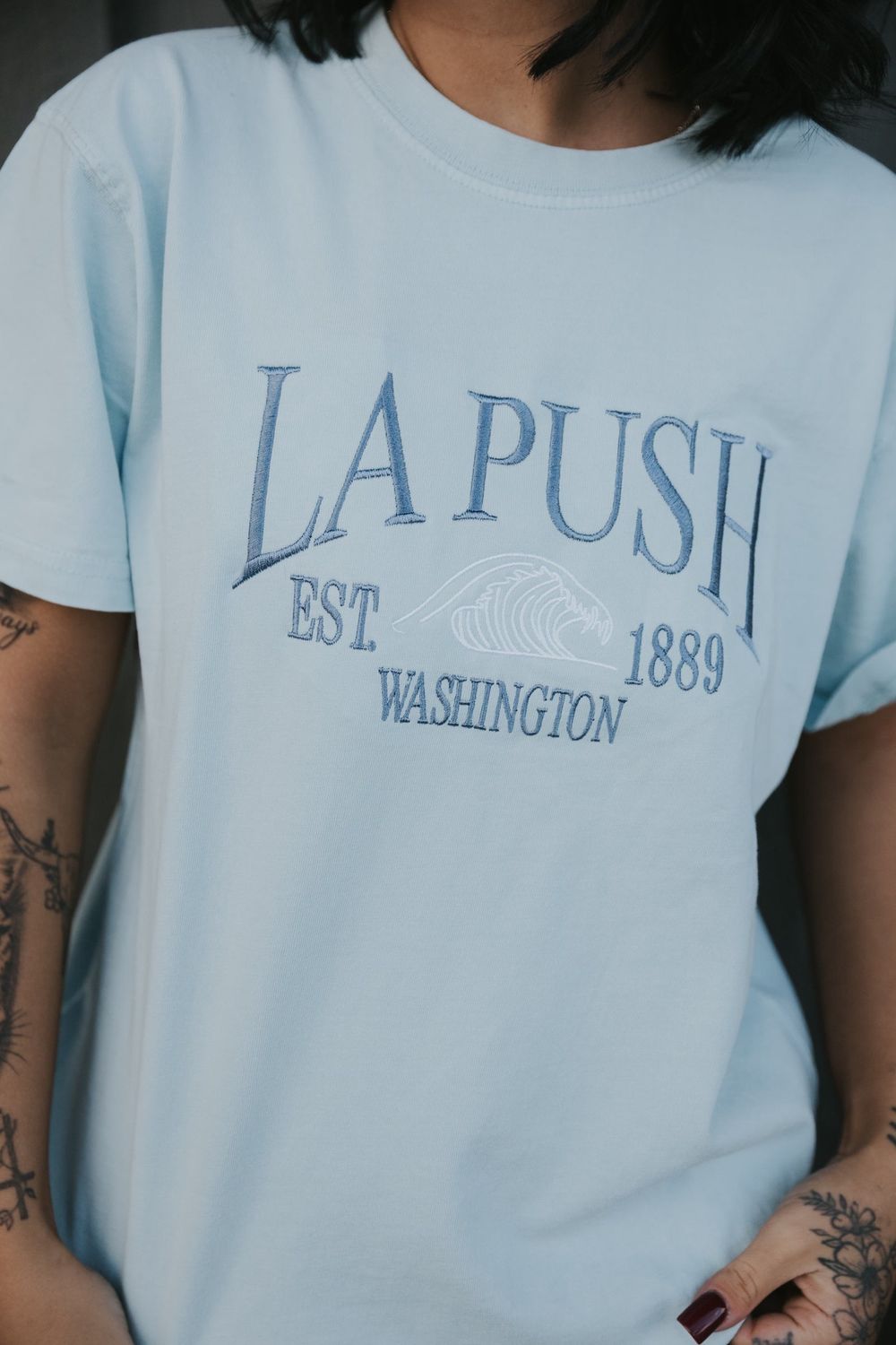 La Push, WA Embroidered Tee, Color: Ice Blue, Size: Small