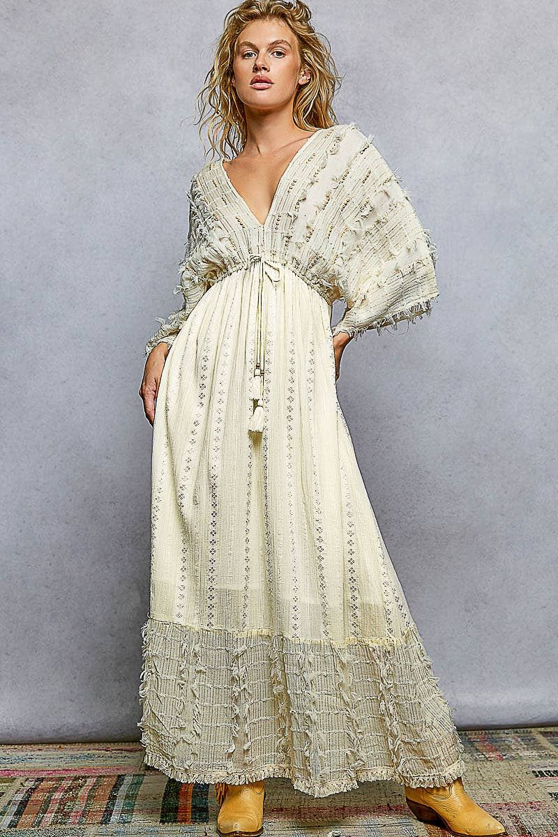 V-neck Metal Button Down Textured Linen Solid Maxi Dress: NATURAL