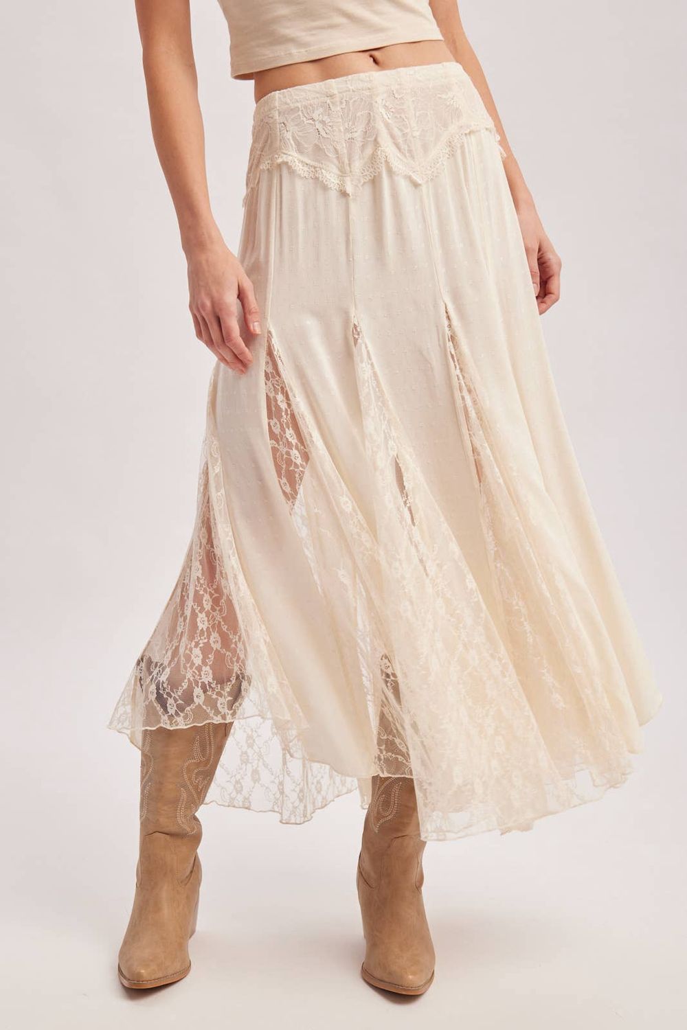 BOHO FLOWY LACE MAXI SKIRT ECRU