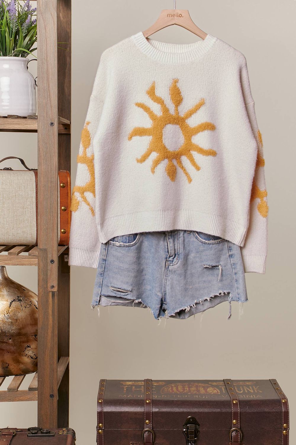 Cozy Knit Sweater with Bold Yellow Sun Patch: Ivory