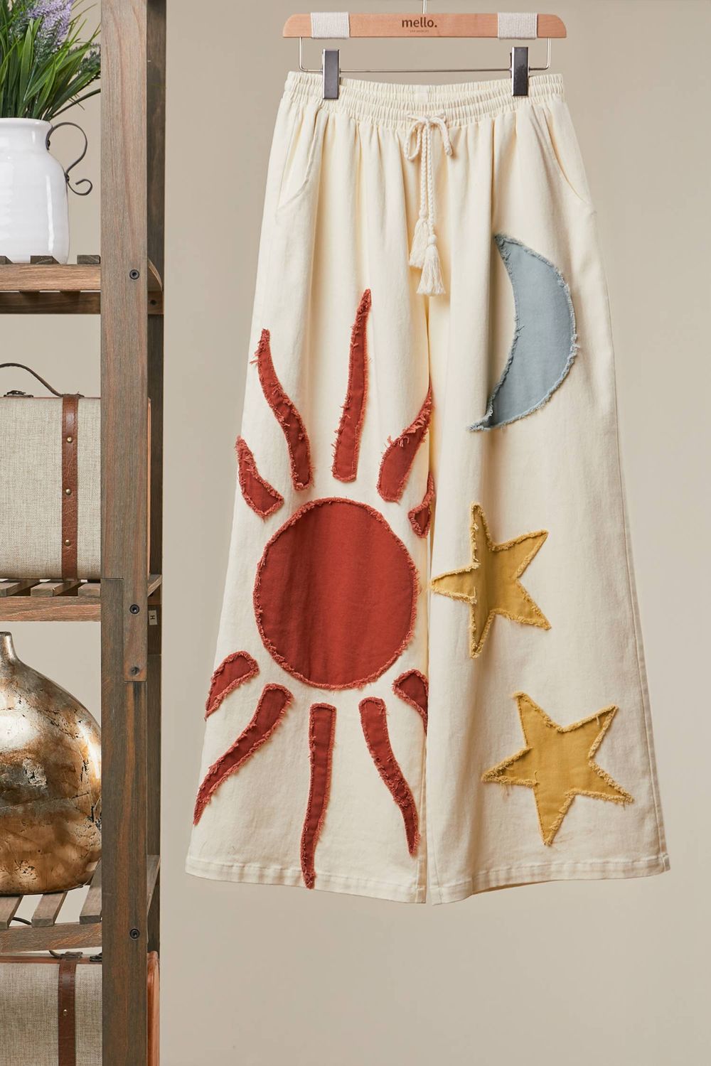 Sun Moon Star Patch Wide Pants: Cream