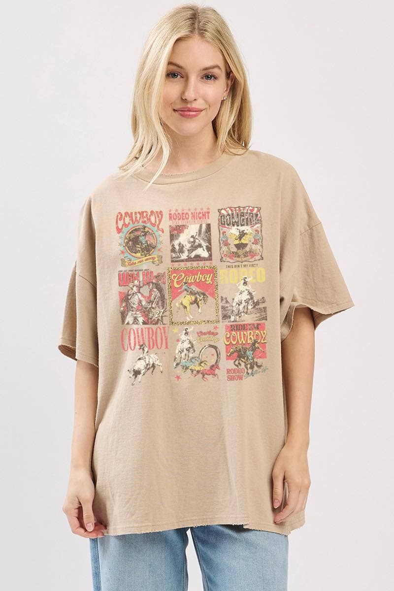 Western Cowboys Remix Graphic Oversized Seamless Box Tee: TAN