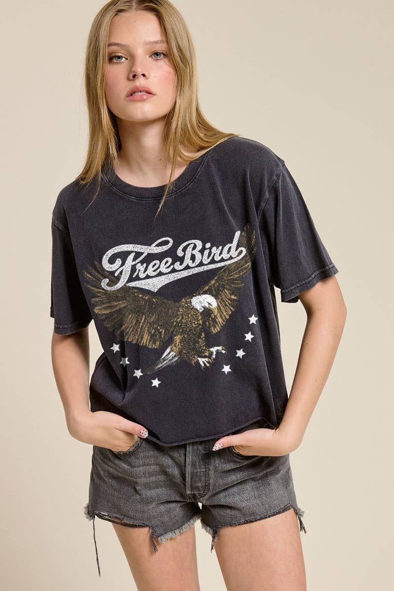 PUFF' Free Bird Graphic Raw Hem Faux Crop Tee: BLACK