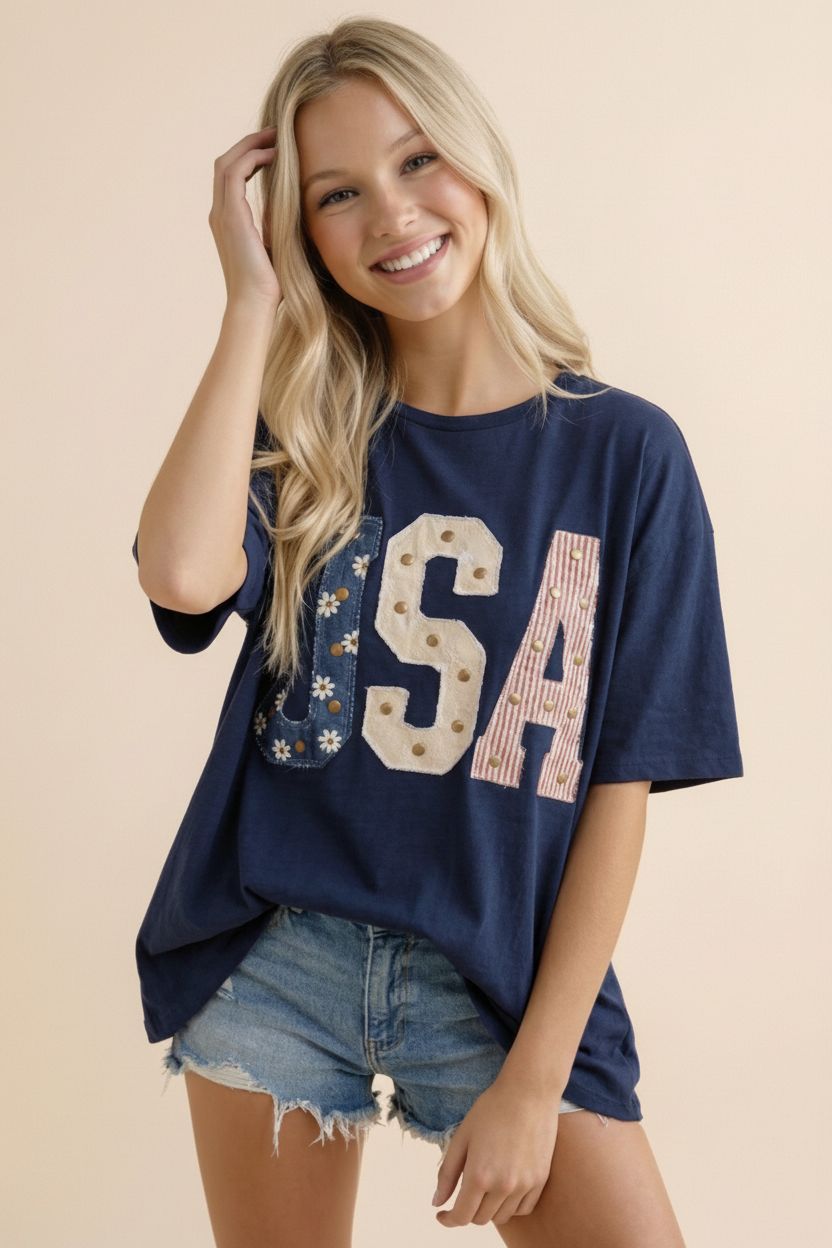 Mixed-Media Studded USA Graphic Tee: NAVY