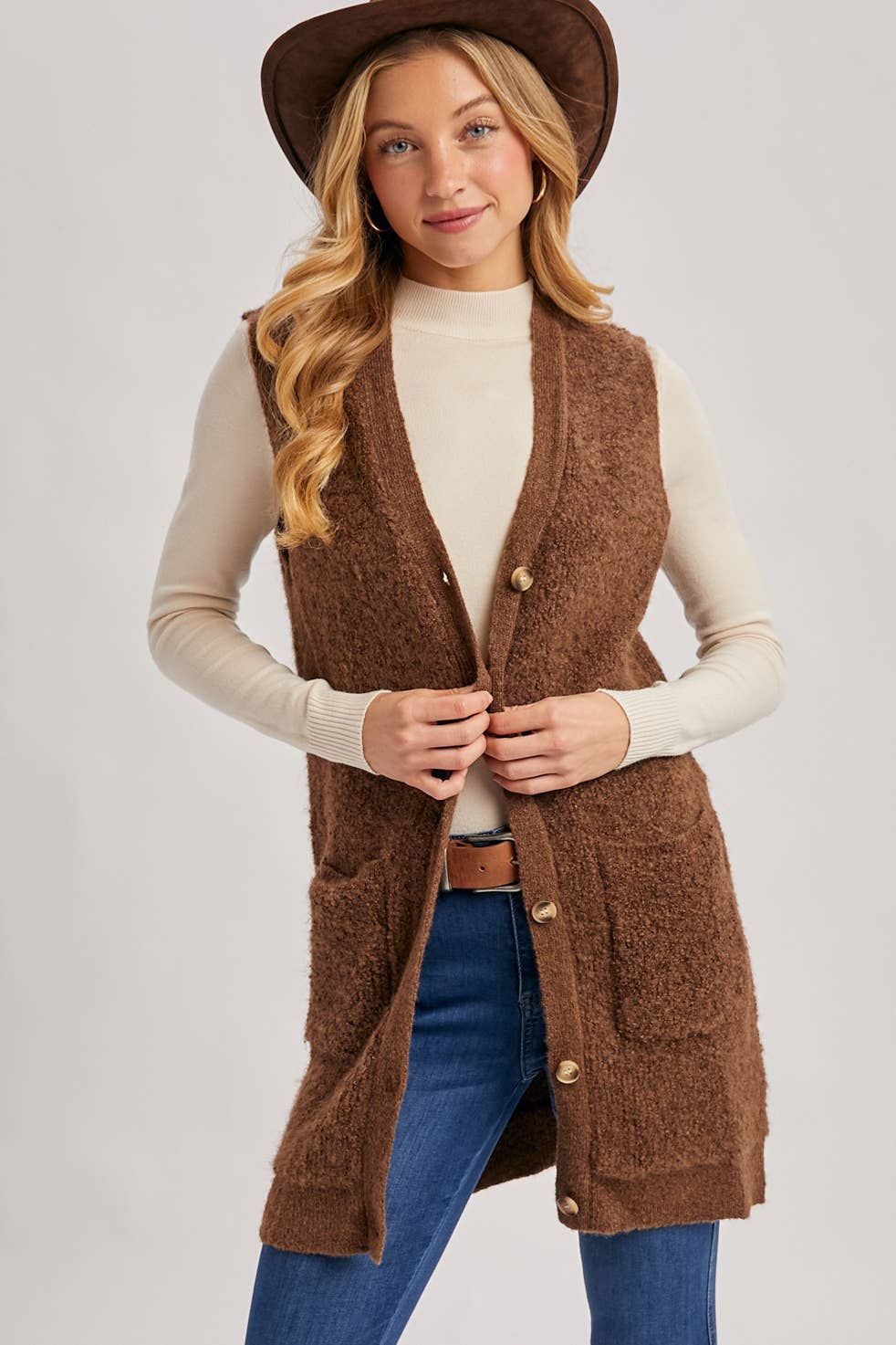 Button Down V-Neck Teddy Knit Long Lined Vest : Dark Brown