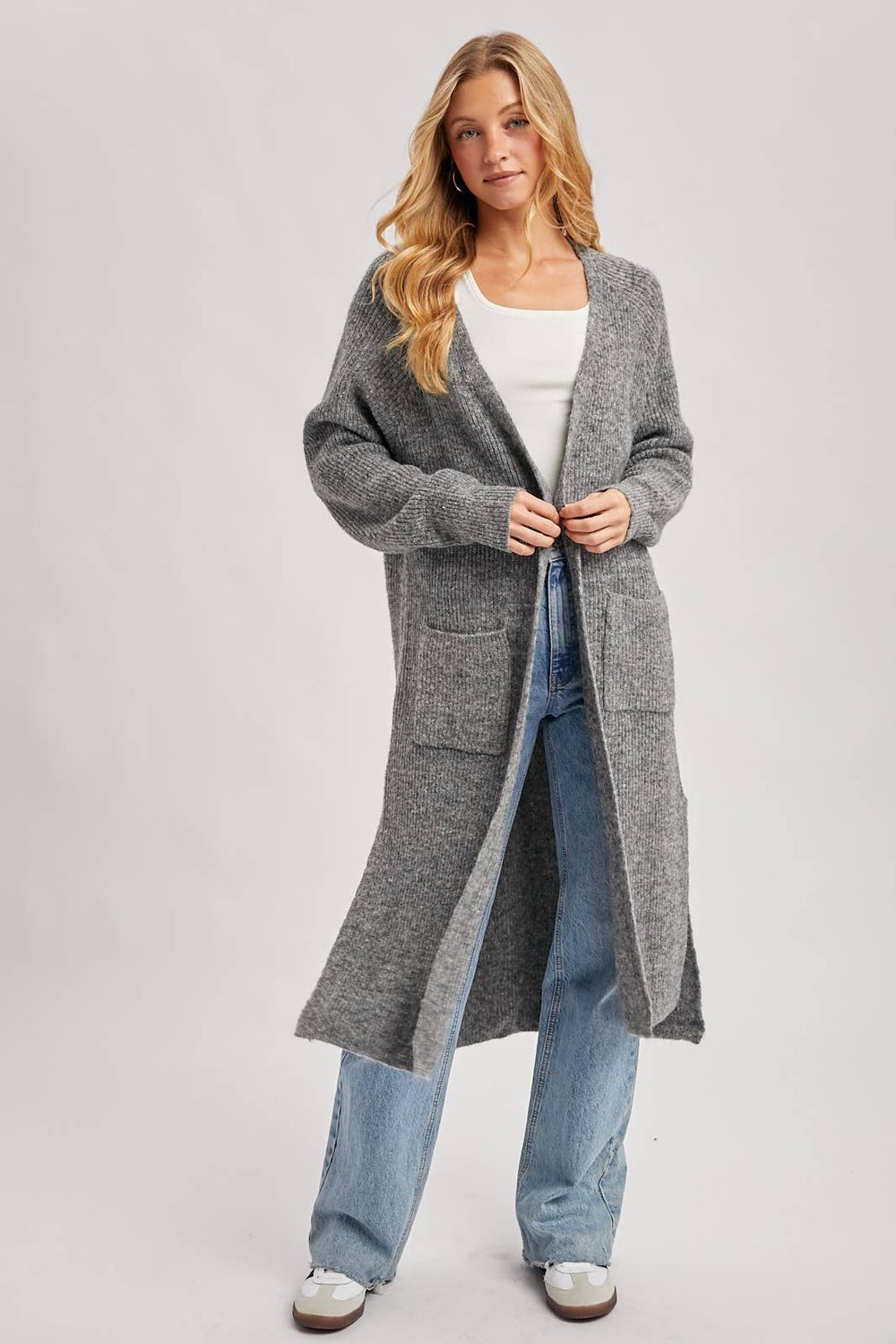 LONGLINE OPEN FRONT SIDE SLIT CARDIGAN: CHARCOAL