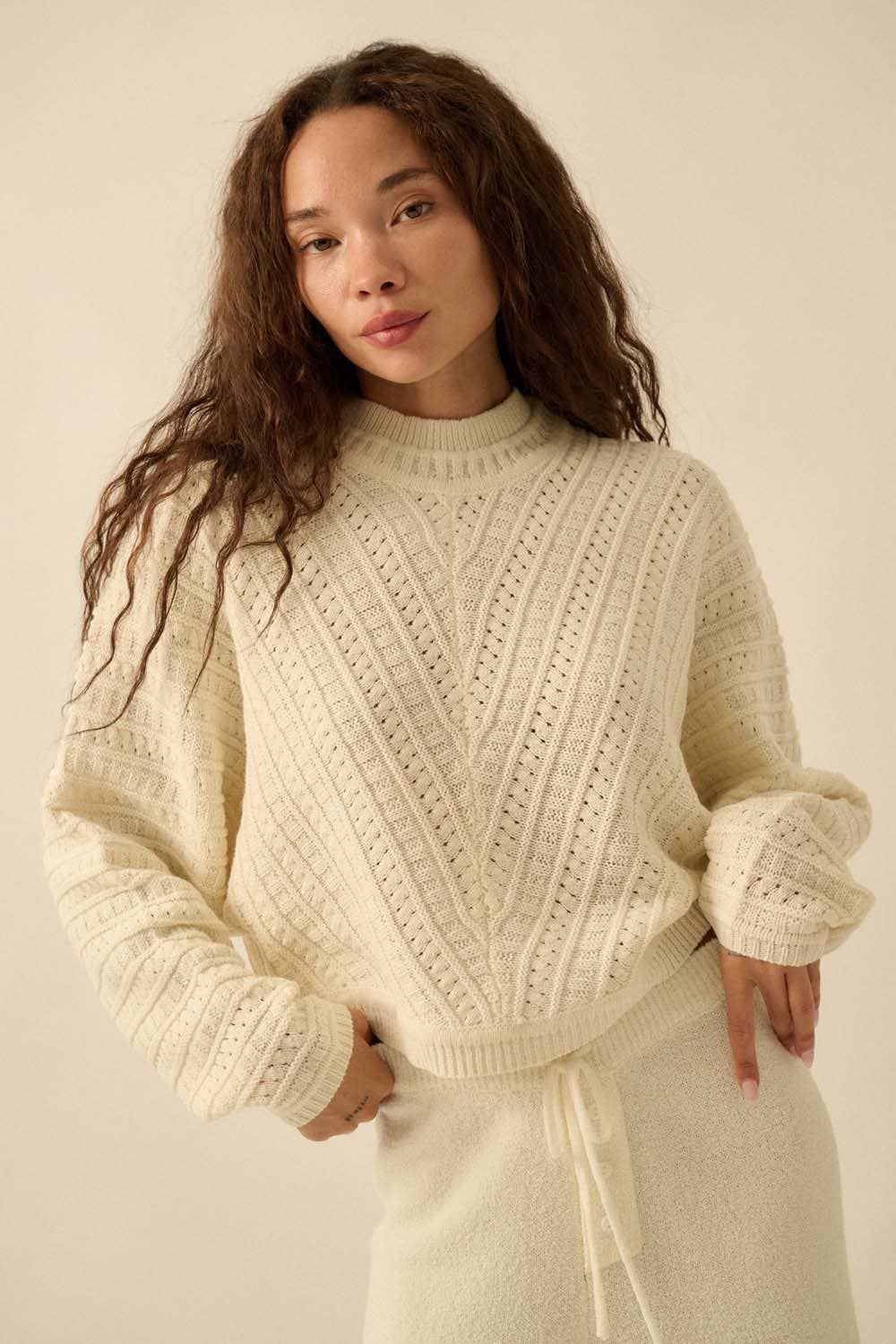 Solid Cable Knit Dolman-Sleeve Sweater
